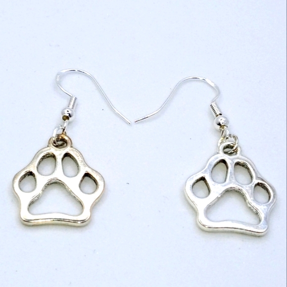 STERLING SILVER PLATED DOG OR CAT PAW EARRINGS WITH STERLING SILVER EAR WIRES - Picture 1 of 1